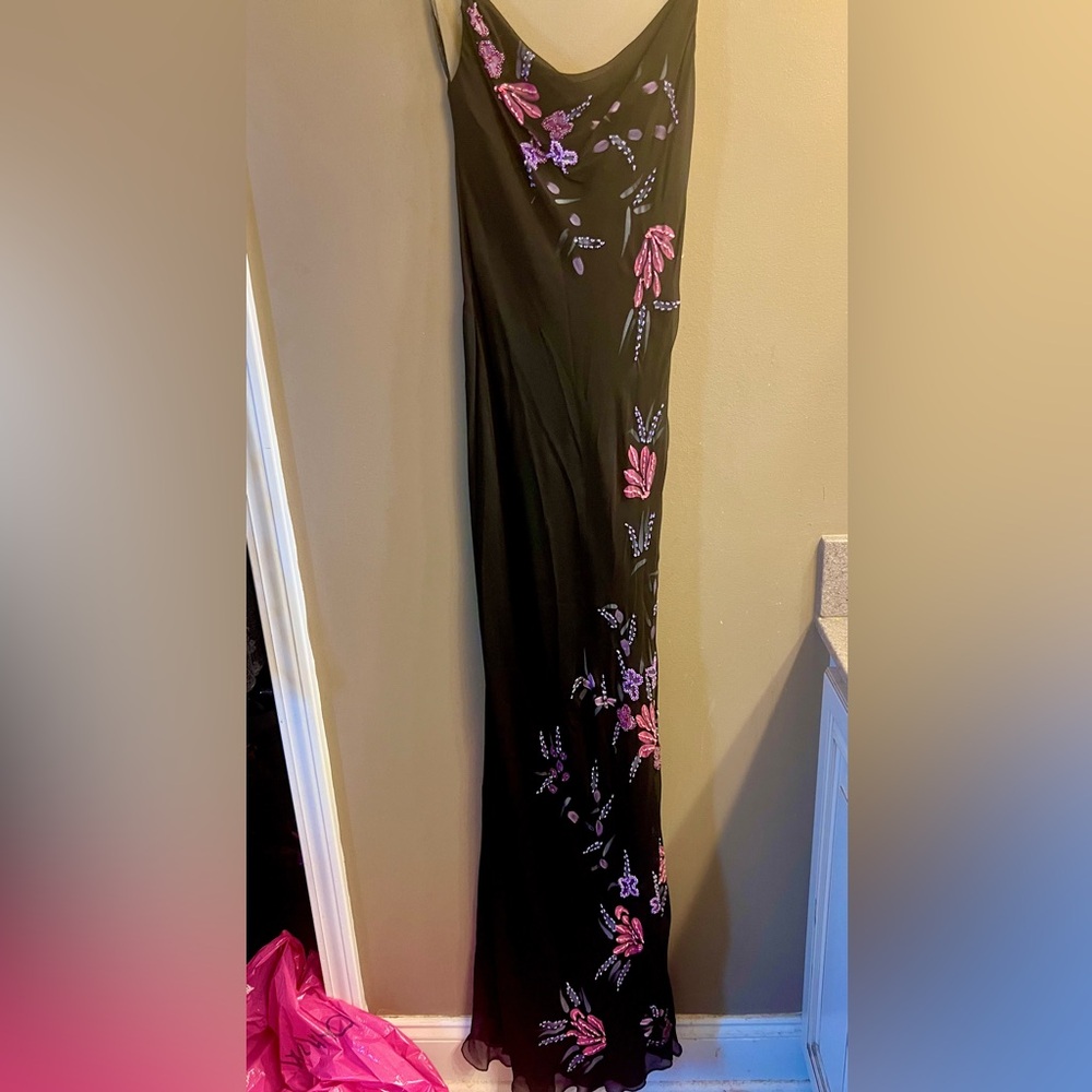 Black Evening Slip Dress with Pink & Lavender Floral Embroidery